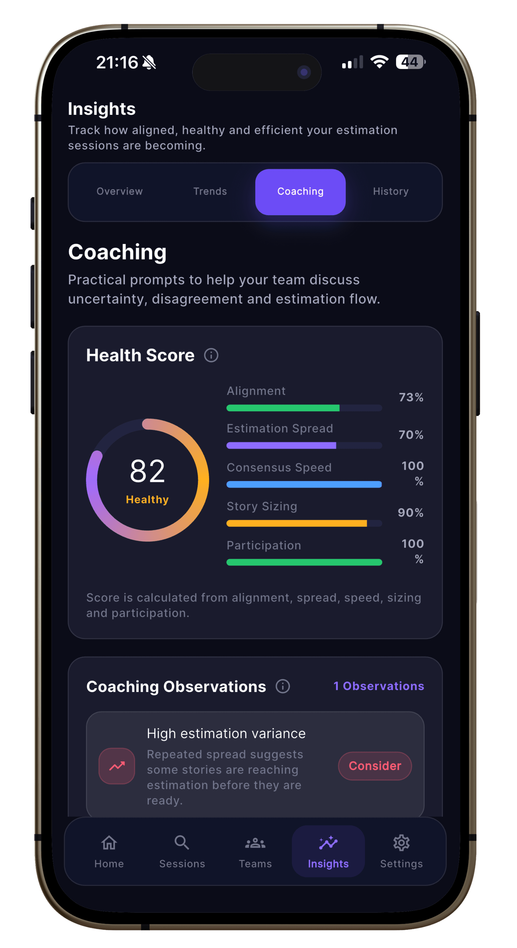Consensus iOS app showing Agile estimation insights overview