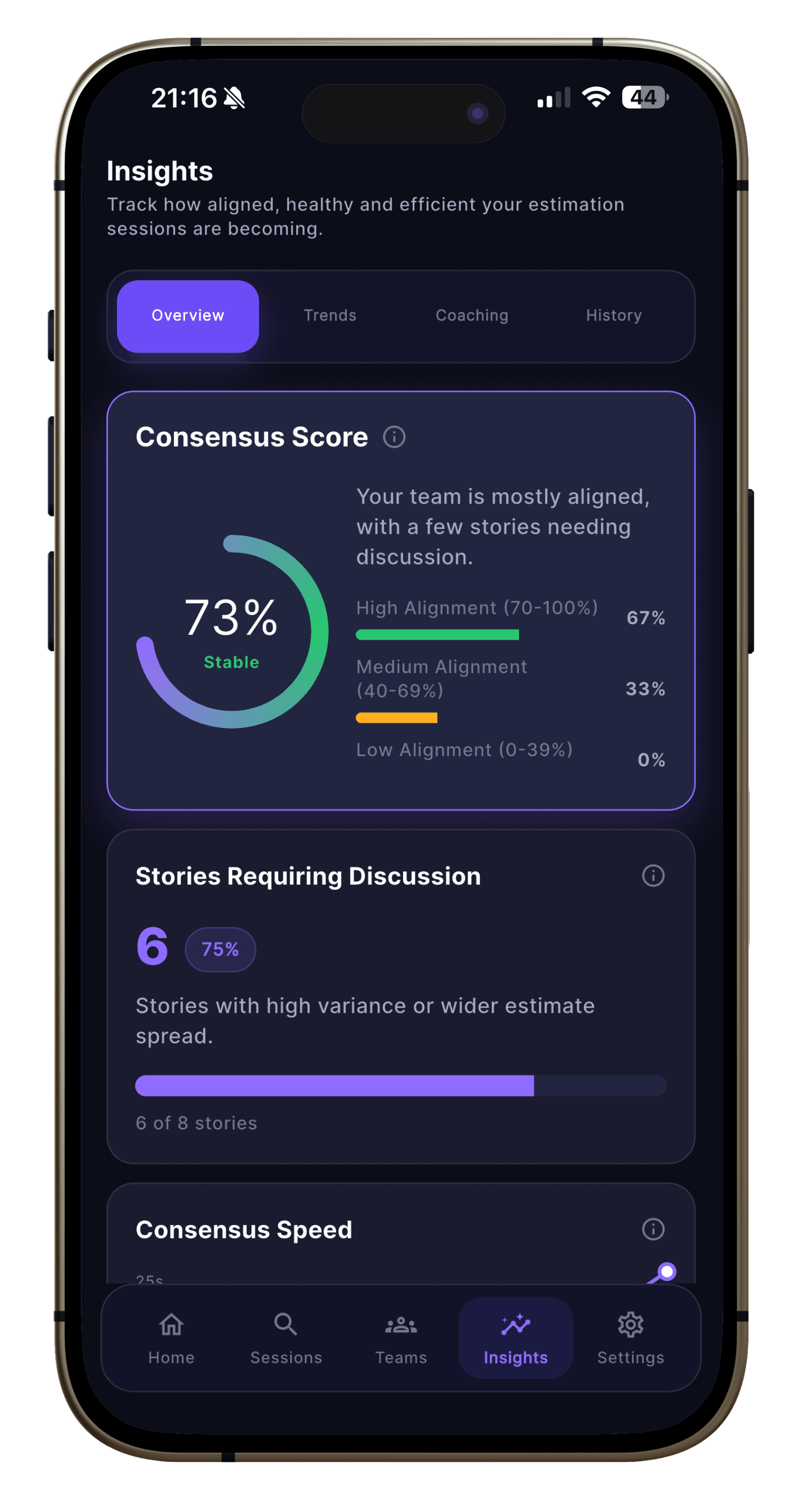 Consensus iOS app showing planning poker trends and team health insights